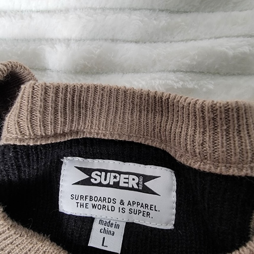 SUPERbrand Union Surfboard Fin Knit Sweater Men's L Tan Black Crewneck - Picture 8 of 11